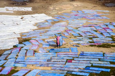 Agra, Hindistan - 15 Şubat 2018: Kimliği belirsiz insanlar Yanuma Agra nehrinin kıyısında sıcak güneşte yıkandıktan sonra bez kurutuyorlar 