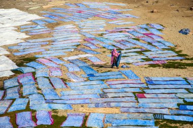 Agra, Hindistan - 15 Şubat 2018: Kimliği belirsiz insanlar Yanuma Agra nehrinin kıyısında sıcak güneşte yıkandıktan sonra bez kurutuyorlar 