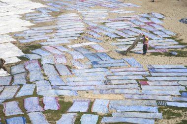 Agra, Hindistan - 15 Şubat 2018: Kimliği belirsiz insanlar Yanuma Agra nehrinin kıyısında sıcak güneşte yıkandıktan sonra bez kurutuyorlar 