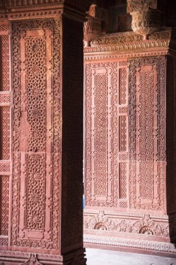 Geometrik desen ve Kızıl Kale 'deki kumtaşı oymasının dekoratif ayrıntıları. Agra, UNESCO Dünya Mirası.