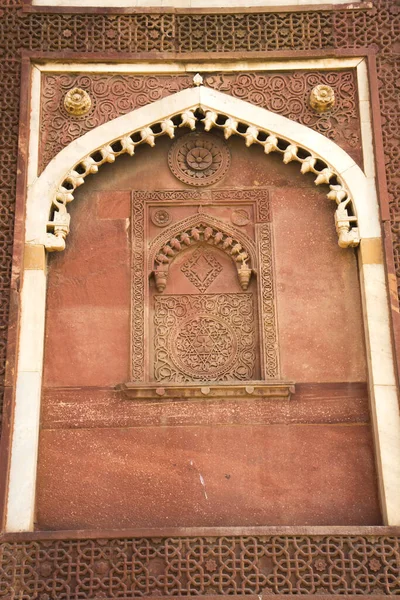 Geometriskt Mönster Och Dekorativa Detaljer Sandsten Ristning Red Fort Agra — Stockfoto