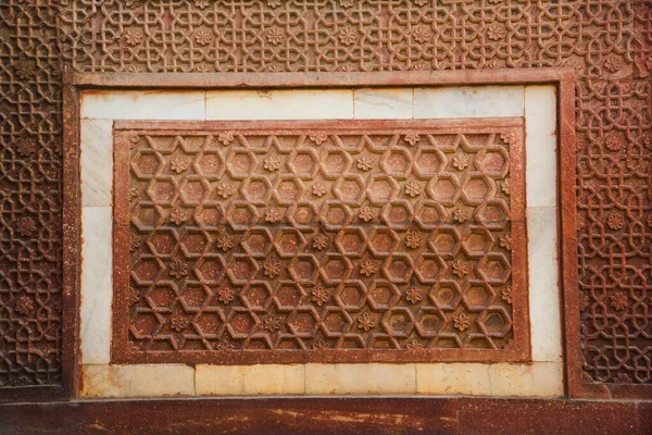 Geometrický Vzor Dekorativní Detail Vyřezávání Pískovcových Kamenů Red Fort Agra — Stock fotografie