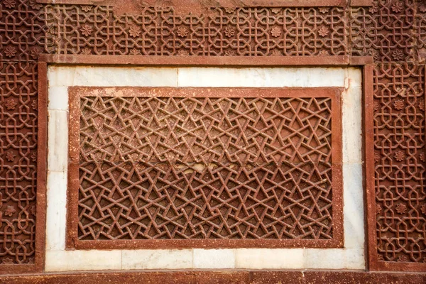 Geometriskt Mönster Och Dekorativa Detaljer Sandsten Ristning Red Fort Agra — Stockfoto