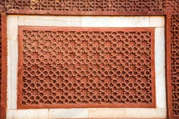 Pola Geometris Dan Detail Dekoratif Ukiran Batu Pasir Benteng Merah — Stok Foto