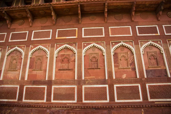 Padrão Geométrico Detalhes Decorativos Escultura Arenito Forte Vermelho Agra Património — Fotografia de Stock