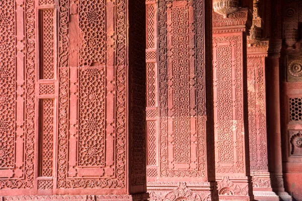 Geometriskt Mönster Och Dekorativa Detaljer Sandsten Ristning Red Fort Agra — Stockfoto