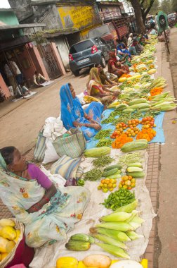 AKOLA, MAHARASHTRA, INDIA 18 EPTEMBER 2019: Köyün sokaklarında sabah taze meyve ve sebze satan kabile kadını, Maharashtra kırsal kesiminde günlük yaşam tarzı.