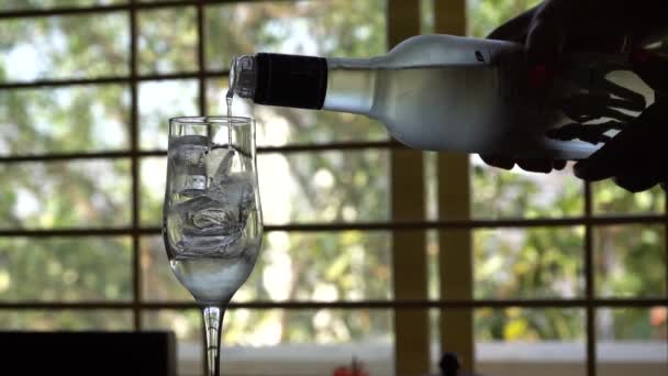Ρίχνει Ένα Σφηνάκι Βότκα Από Ένα Μπουκάλι Στο Ποτήρι — Αρχείο Βίντεο