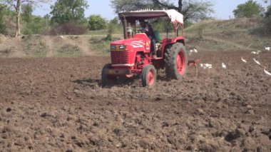 NASHIK, MAHARASHTRA, INDIA 8 HAZİRAN 2020: Kimliği belirsiz traktörlü çiftçi traktör ekimi için arazi hazırlıyor.