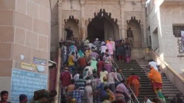BARSANA, INDIA, 5 Mart 2017: Barsana, Hindistan 'da düzenlenen Holi kutlamaları sırasında yerel halk ve köylüler renklerle oynuyor. Holi Festivali Hindistan 'daki en ünlü dini festivaldir.