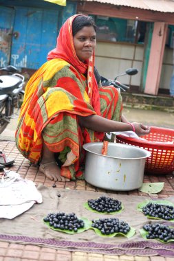 CHIKHALDARA, MAHARASHTRA, INDIA 29 HAZİRAN 2020: Köyün sokaklarında sabah taze meyve satan kabile kadını, Maharashtra kırsalında günlük yaşam tarzı.