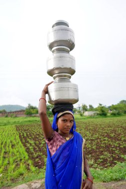 CHIKHALDARA, MAHARASHTRA, INDIA 29 HAZİRAN 2020: Tanımlanamayan kırsal Hintli kadınlar Maharashtra 'nın kırsal kesimlerinde geleneksel çömleklerde su taşıyorlar.
