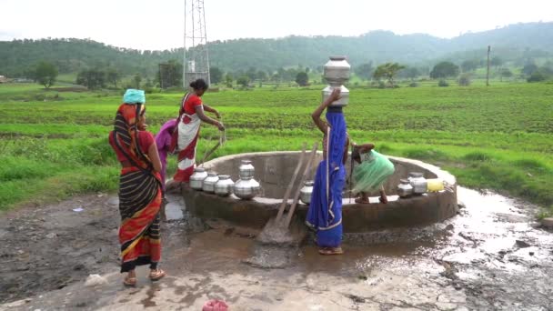 Chikhaldara India Czerwca 2020 Niezidentyfikowane Wiejskie Indianki Niosą Wodę Głowach — Wideo stockowe