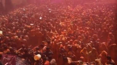 VRINDAVAN, INDIA - 09 Mart 2017: Hintli bir dul, Vrindavan, Uttar Pradesh, Hindistan 'daki Gopinath Tapınağı' nda, Hint bahar renk festivali Holi 'yi kutluyor