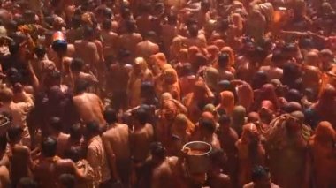 VRINDAVAN, INDIA - 09 Mart 2017: Hintli bir dul, Vrindavan, Uttar Pradesh, Hindistan 'daki Gopinath Tapınağı' nda, Hint bahar renk festivali Holi 'yi kutluyor