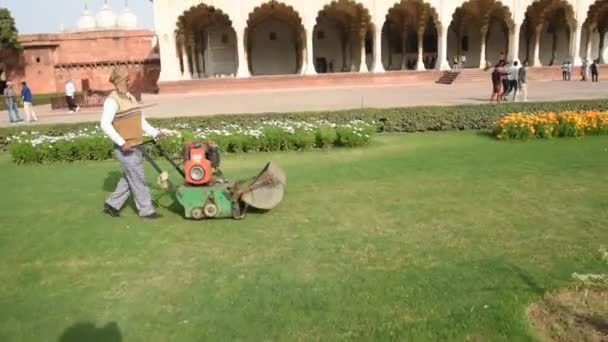 Agra India February 2018 Worker Clean Garden Red Fort Agra — Αρχείο Βίντεο
