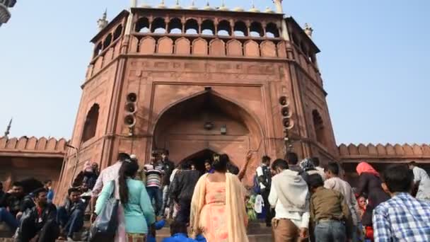 Delhi India February 2018 Mnoho Lidí Sedí Schodech Mešity Jamy — Stock video