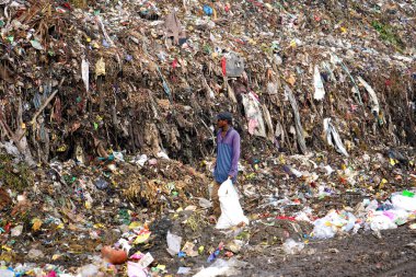 AMRAVATI, MAHARASHTRA, INDIA 12 EKİM 2020: Tanımlanamayan bez toplayıcıları çöpte geri dönüşümlü madde arıyorlar. Kara ve hava kirliliği.       