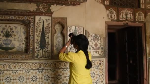 印度阿格拉最有名的地标 Mad Daulah Baby Taj或Jewel Box墓前的小女孩 — 图库视频影像