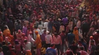  Büyük Hindu hayranları birbirlerine renkli tozlarla oynayıp Krishna tapınağında Holi 'yi kutluyorlar..
