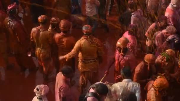 Große Menge Hindu Anhänger Werfen Sich Gegenseitig Farben Spielen Mit — Stockvideo