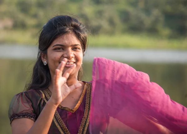 Young Happy Indian Girl Playing Her Pink Scarf Outdoor — Foto Stock