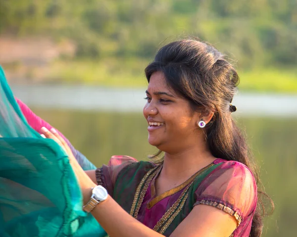 Young Happy Indian Girl Playing Her Pink Scarf Outdoor — Stock Photo, Image
