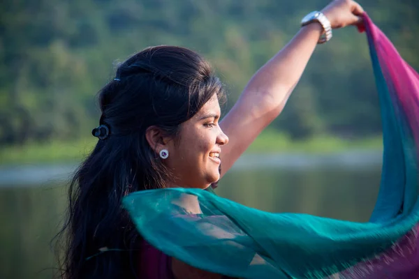 Young Happy Indian Girl Playing Her Pink Scarf Outdoor — Stock Photo, Image