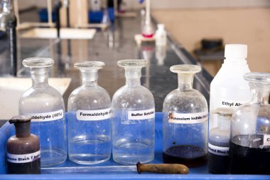 NAGPUR, MAHARASHTRA, INDIA, 9 APRIL 2016: University laboratory tubes on table