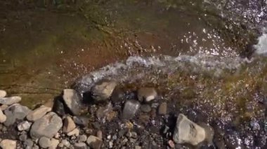 Orman nehri kayalar üzerinde su akıntısı, dağ ormanı nehir kayaları manzarası. 