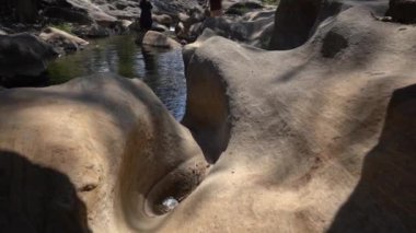 Orman nehri kayalar üzerinde su akıntısı, dağ ormanı nehir kayaları manzarası. 