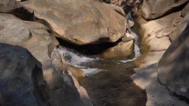 Orman nehri kayalar üzerinde su akıntısı, dağ ormanı nehir kayaları manzarası. 