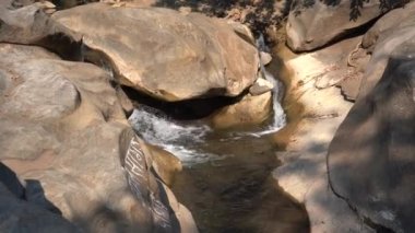 Orman nehri kayalar üzerinde su akıntısı, dağ ormanı nehir kayaları manzarası. 