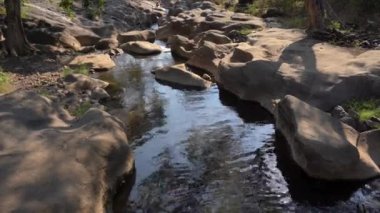 Orman nehri kayalar üzerinde su akıntısı, dağ ormanı nehir kayaları manzarası. 