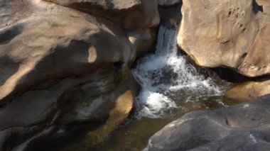 Orman nehri kayalar üzerinde su akıntısı, dağ ormanı nehir kayaları manzarası. 