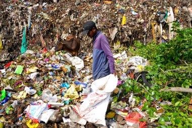 AMRAVATI, INDIA - 12 Ekim 2020: çöp dağı, büyük çöp yığını, pis koku ve zehirli kalıntı yığını. Bu çöpler kentsel alanlardan, sanayi bölgelerinden geliyor.