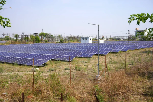 Solar Panels Farm or solar cell with sunlight, India.