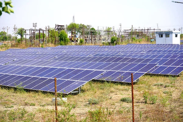 Solar Panels Farm or solar cell with sunlight, India.