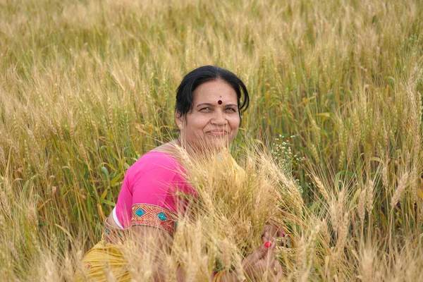 Gelukkige Vrouw Genietend Het Tarweveld Natuur Schoonheid Gouden Tarweveld Vrijheid — Stockfoto