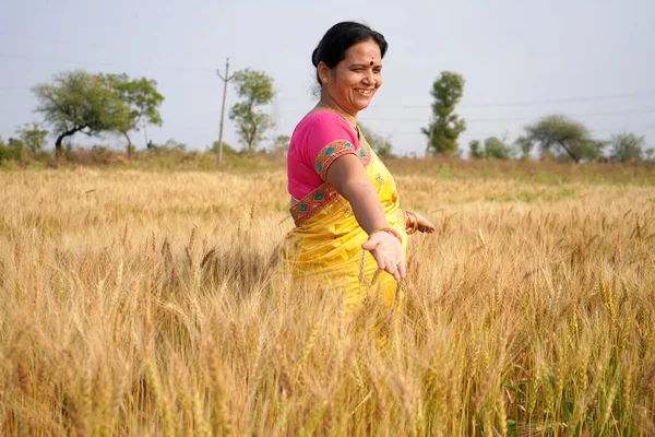 Gelukkige Vrouw Genietend Het Tarweveld Natuur Schoonheid Gouden Tarweveld Vrijheid — Stockfoto