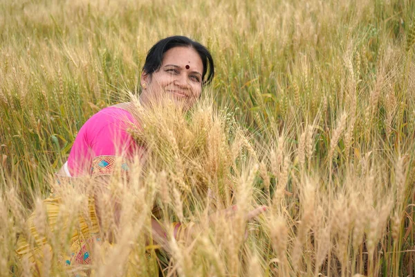Outdoor Portrait Indian Woman Traditional Clothes Standing Wheat Field Harvest — Stock Photo, Image