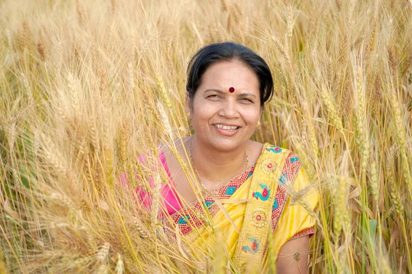 Outdoor Portrait Indian Woman Traditional Clothes Standing Wheat Field Harvest — Stock Photo, Image