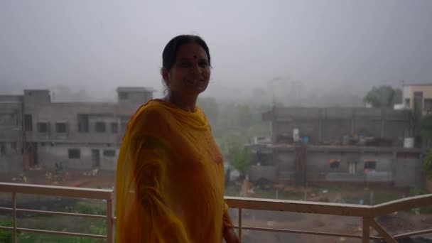 Indian Woman Feeling Happy Rainy Day House Balcony — Stock Video