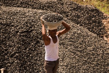 MUMBAI, MAHARASHTRA, INDIA 12 Kasım 2019: İnşaat işçileri bir inşaat sahasında çalışıyor. Hindistan 'da inşaat işçileri iş yerinde güvenlik önlemi almıyorlar..