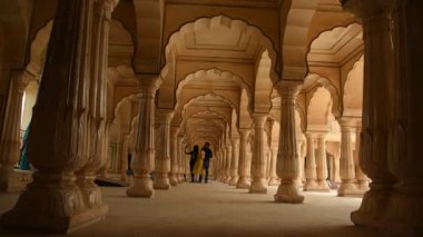 JAIPUR, INDIA 11 AUGUST 2019 : Tourists from all over the world at Amer Fort, Jaipur, It is one of the major tourist attractions in India and UNESCO World Heritage Site.
