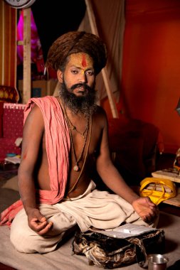 NASHIK, INDIA, 27 Ağustos 2015: Kumbh Mela 'daki kutsal adam Hindu sadhu' nun portresi
