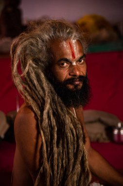 NASHIK, INDIA, 27 Ağustos 2015: Kumbh Mela 'daki kutsal adam Hindu sadhu' nun portresi