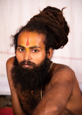 NASHIK, INDIA, 27 Ağustos 2015: Kumbh Mela 'daki kutsal adam Hindu sadhu' nun portresi