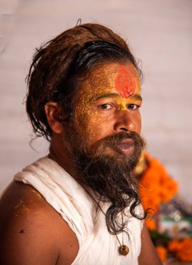 NASHIK, INDIA, 27 Ağustos 2015: Kumbh Mela 'daki kutsal adam Hindu sadhu' nun portresi