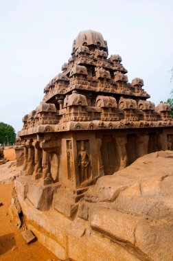 Mahabalipuram 'daki Panch Rathas Monolitik Hindu Tapınağı. Büyük Güney Hindistan mimarisi, etkileyici mimari alanı. Güney Hindistan 'daki Dünya Mirası, Tamil Nadu, Mamallapuram